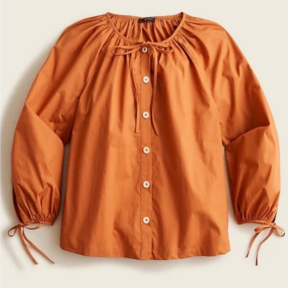 J Crew Tie sleeve button front cotton poplin top Orange Fall Relaxed Sz M NEW